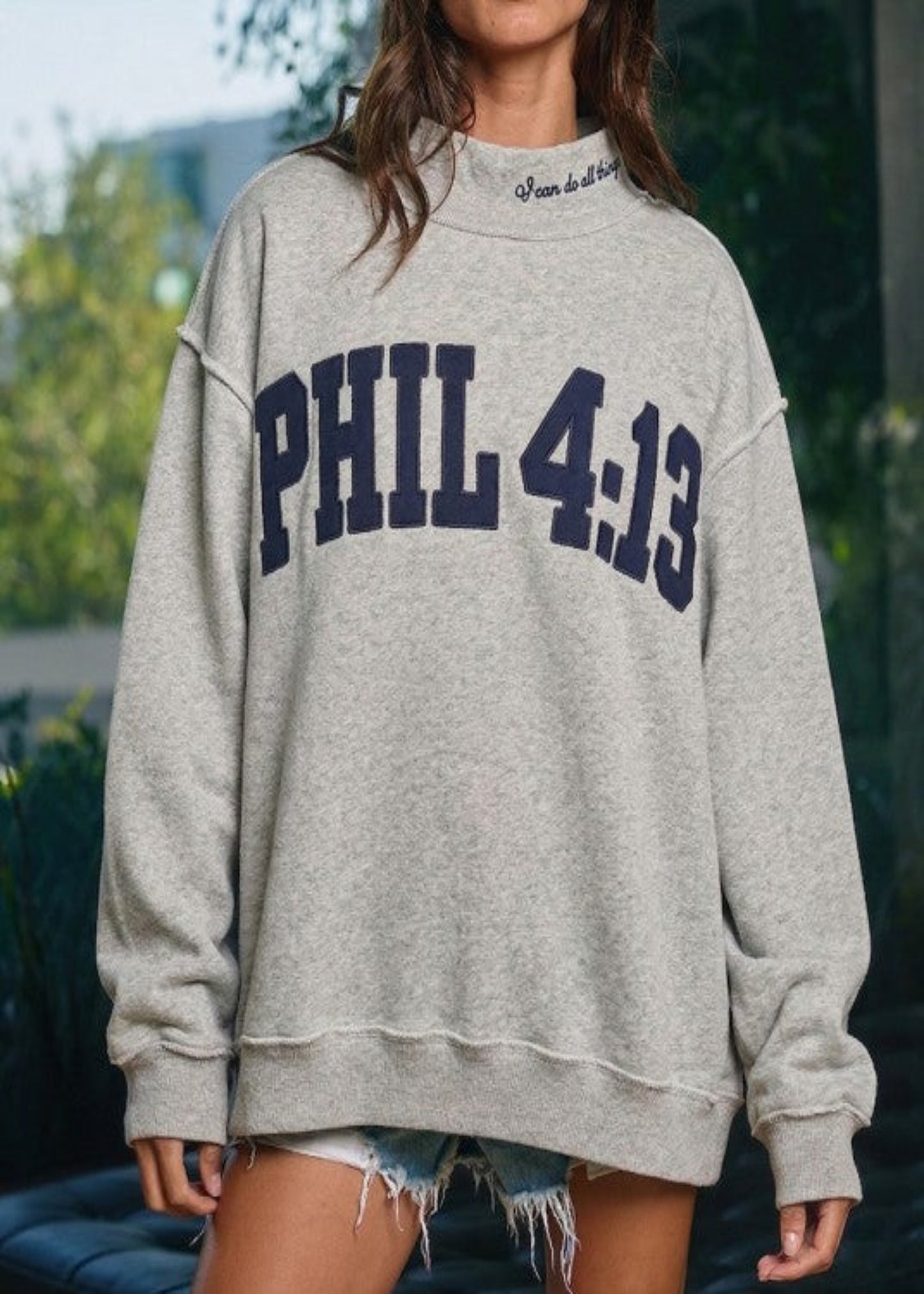EMBROIDERED MOCK NECK PHIL 4:13 - HEATHER GREY