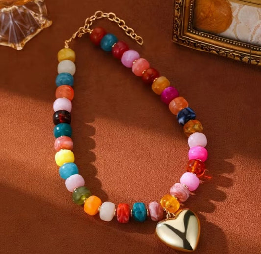 RESIN BEAD FASHION HEART PENDANT - COLORFUL