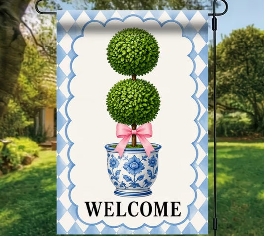 WELCOME GARDEN FLAG - PINK BOW