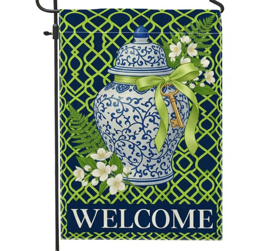 WELCOME GARDEN FLAG - GREEN BOW WITH KEY