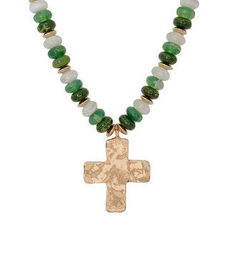 HAMMERED CROSS PENDANT RONDELLE BEAD NECKLACE - GREEN