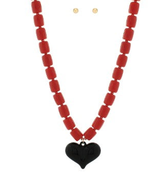 PUFFED HEART NECKLACE - RED/BLACK