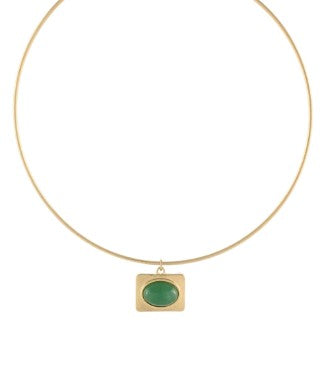 OVAL STONE RECTANGLE PENDANT CHOCKER - GREEN/WORN GOLD