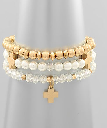 CROSS AND MULTI BALL LAYER BRACELET - PEARL