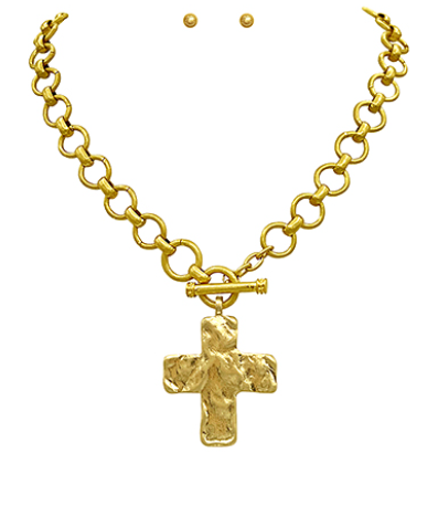 CHUNKY CROSS & CHAIN TOGGLE NECKLACE - 24K VINTAGE GOLD