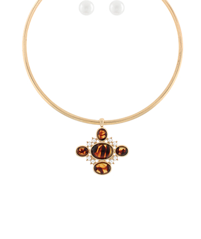 OVAL STONE & PEARL WIRE CHOCKER - TORTOISE/GOLD