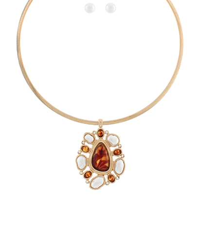 GEOMETRIC STONE & PEARL WIRE CHOCKER - TORTOISE/GOLD