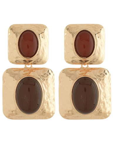 2 Rectangle w/Oval Stone Earrings – Brown/Gold