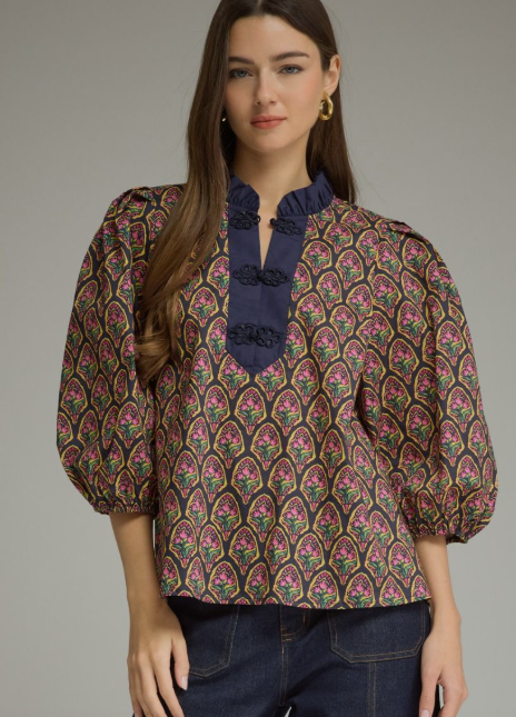 Jana printed ¾ puff sleeve top-Navy