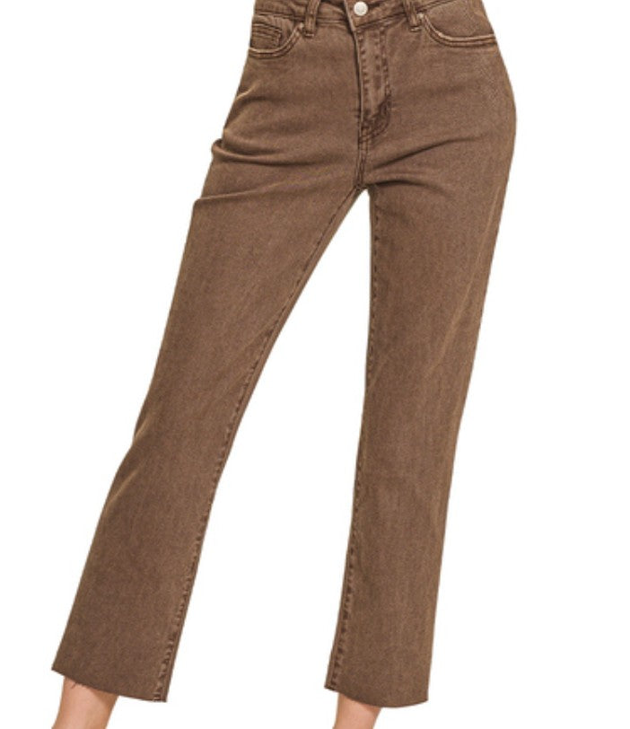 ACID WASHED HIGH WAIST CROPPED STRAIGHT PANTS