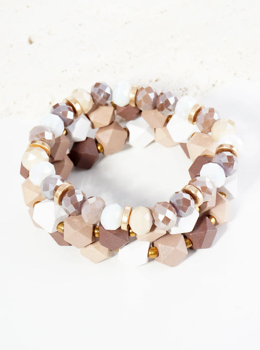 Set of 3 Wood and Glass Beaded Stretch Stackable Bracelet