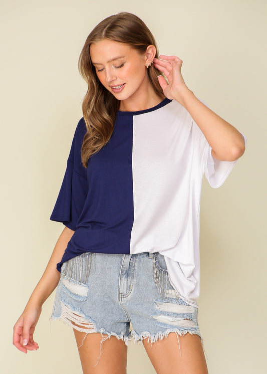 COLOR CONTRAST GAME DAY SHIRT - NAVY AND WHITE
