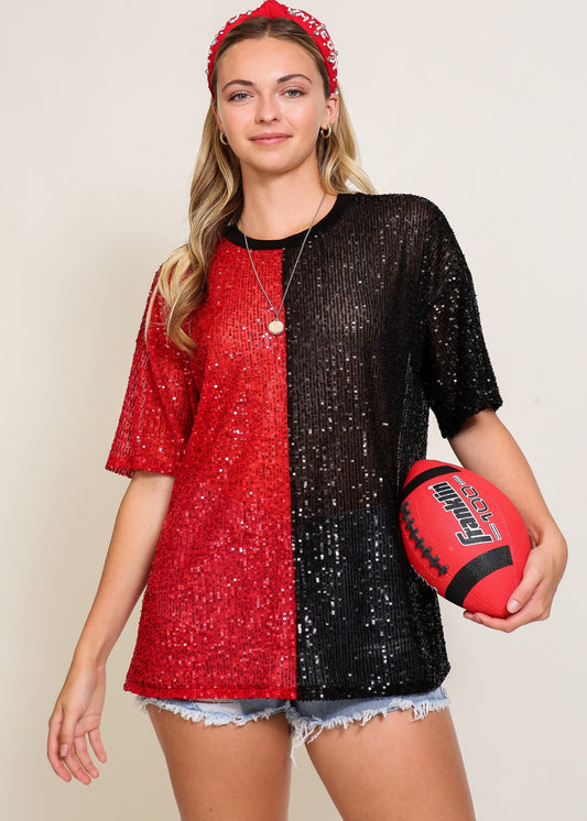 ROUND NECK SHORT SLEEVE SPLIT COLOR TOP - RED AND BLACK