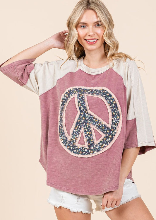 PATTY PEACE SIGN TOP- MAUVE/IVORY