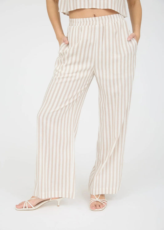 STRIPE LINEN WIDE LEG PANTS-KHAKI