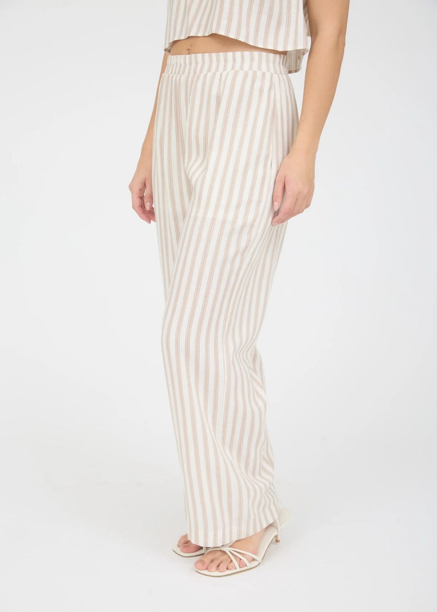 STRIPE LINEN WIDE LEG PANTS-KHAKI