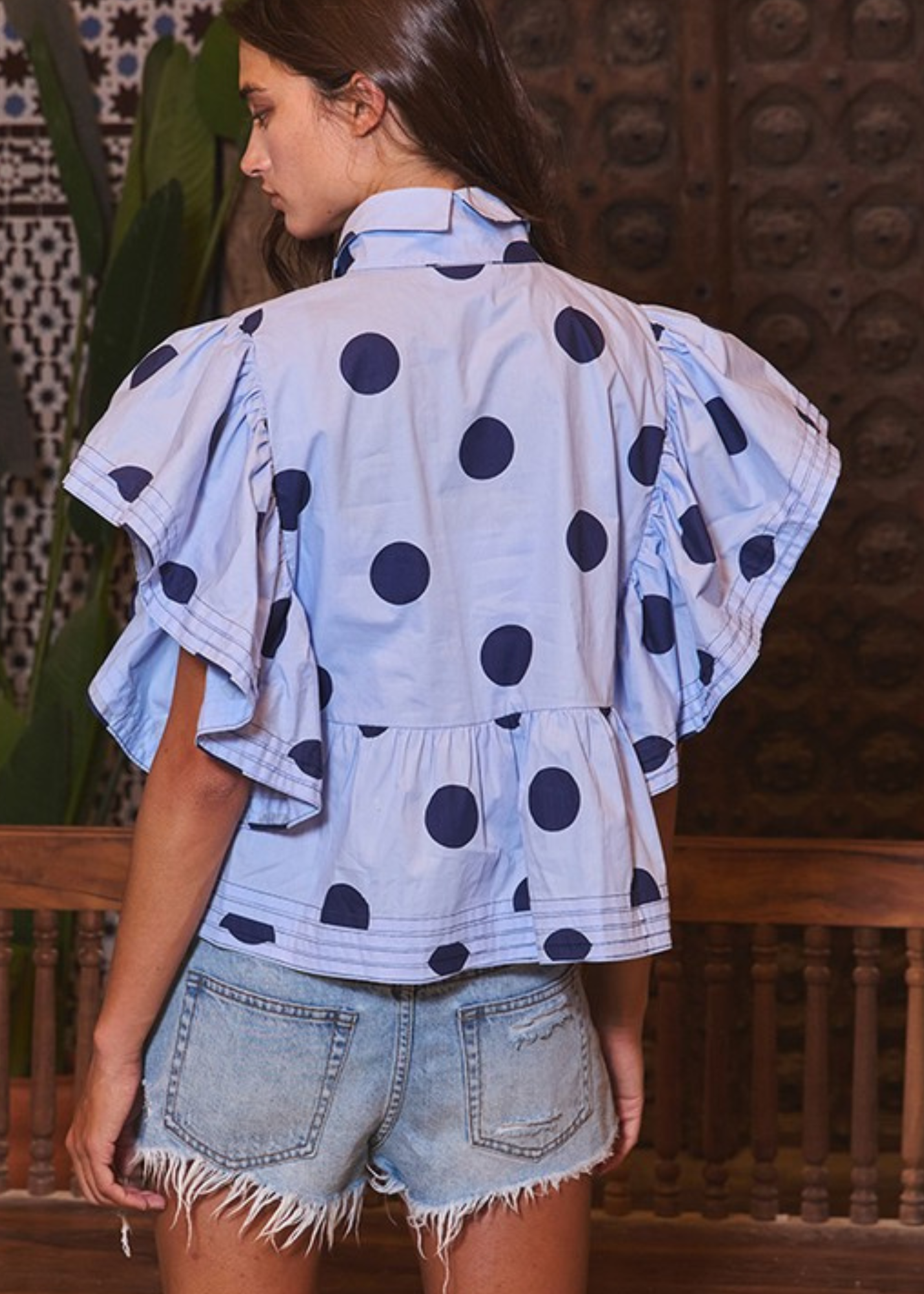 TIFFANY POLKA DOT RUFFLE TOP-BLUE/NAVY