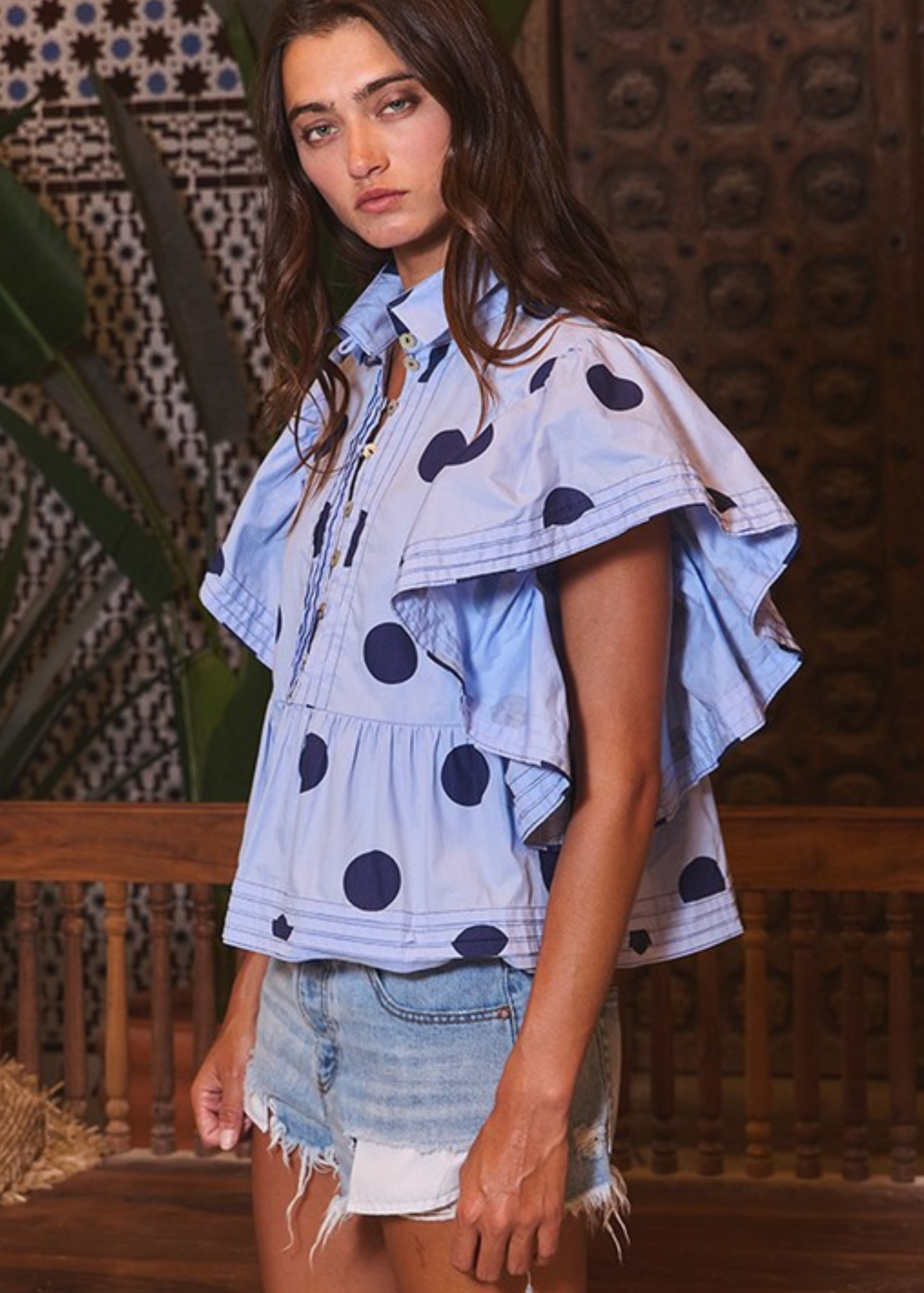 TIFFANY POLKA DOT RUFFLE TOP-BLUE/NAVY