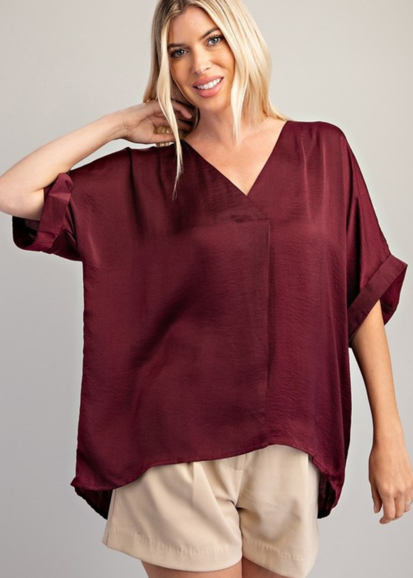 JANE V-NECK HIGH LOW BLOUSE-BURGUNDY