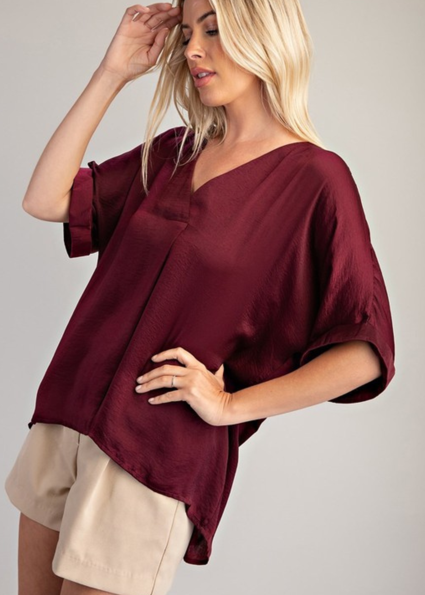 JANE V-NECK HIGH LOW BLOUSE-BURGUNDY