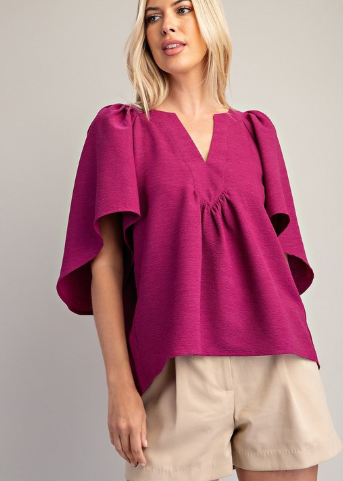 CORA V-NECK PLACKET RUFFLE SLEEVE TOP-PLUM