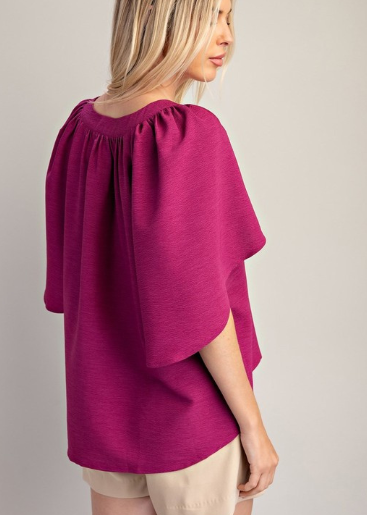 CORA V-NECK PLACKET RUFFLE SLEEVE TOP-PLUM