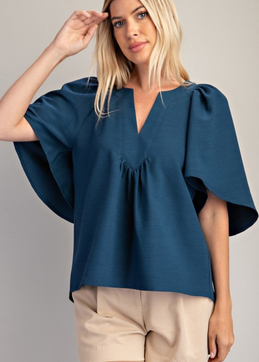 CORA V-NECK PLACKET RUFFLE SLEEVE TOP-TEAL