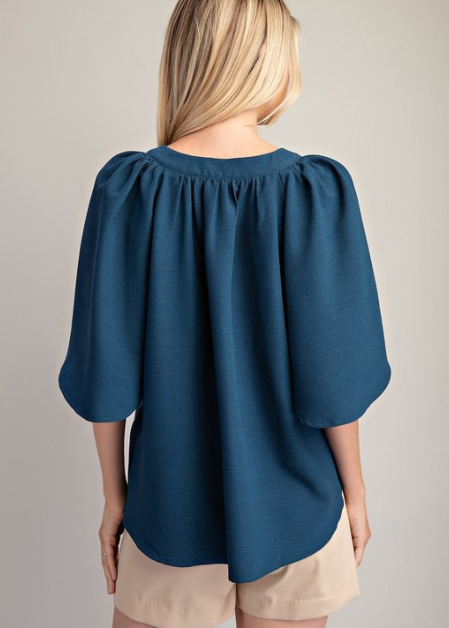 CORA V-NECK PLACKET RUFFLE SLEEVE TOP-TEAL