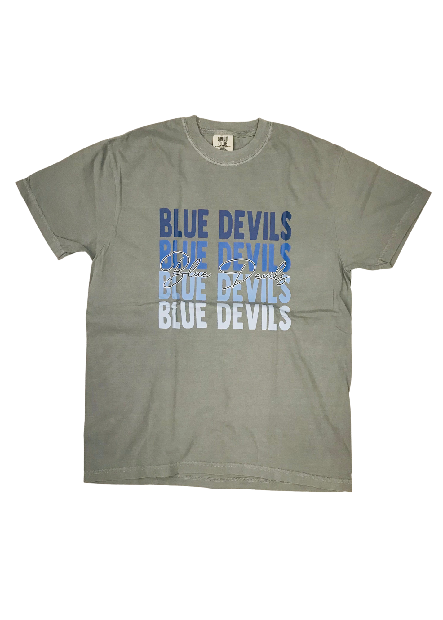 BLUE DEVILS MASCOT CURSIVE STACK TEE-GREY