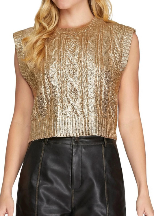 KERRI METALLIC KNIT CROP SWEATER-LT. GOLD