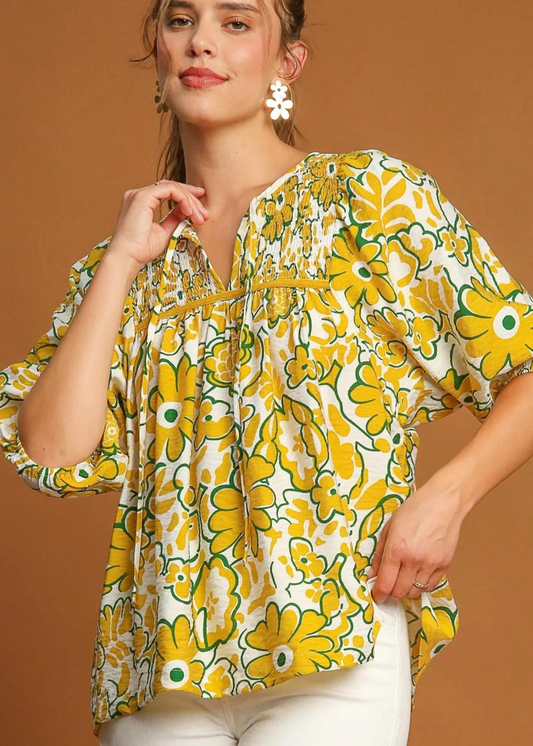 MARCY FLORAL PRINT TOP-MUSTARD MIX