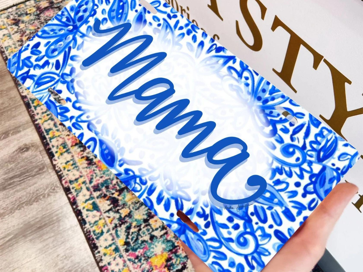 Mama Blue White License Plate