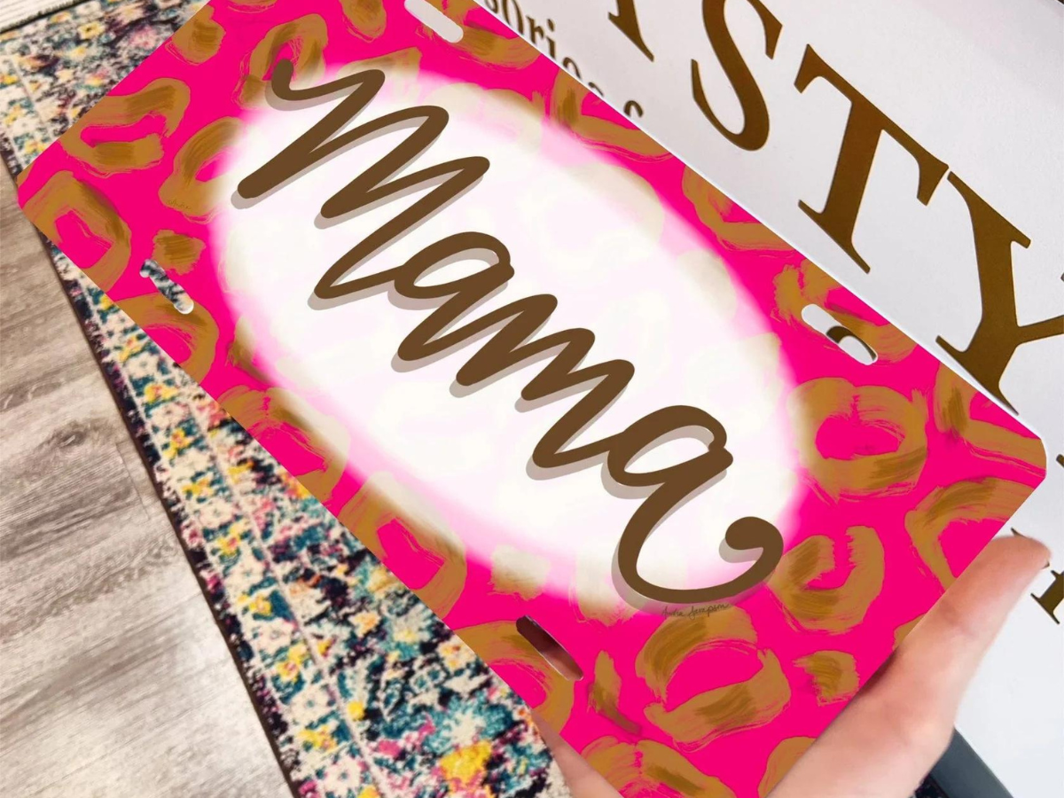 Mama Brown Pink Leopard License Plate