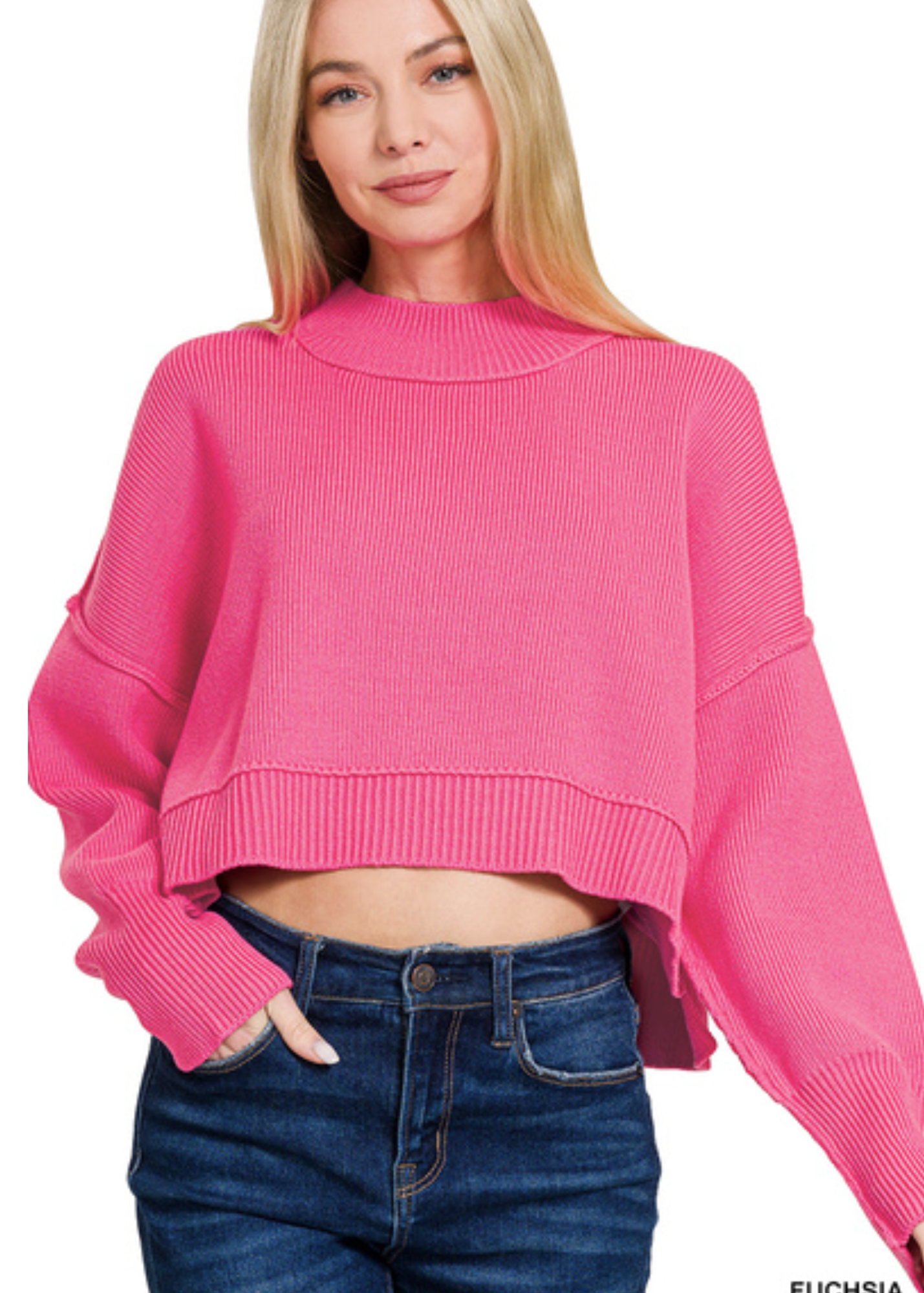 SIDE SLIT OVERSIZE CROP SWEATER-FUCHSIA