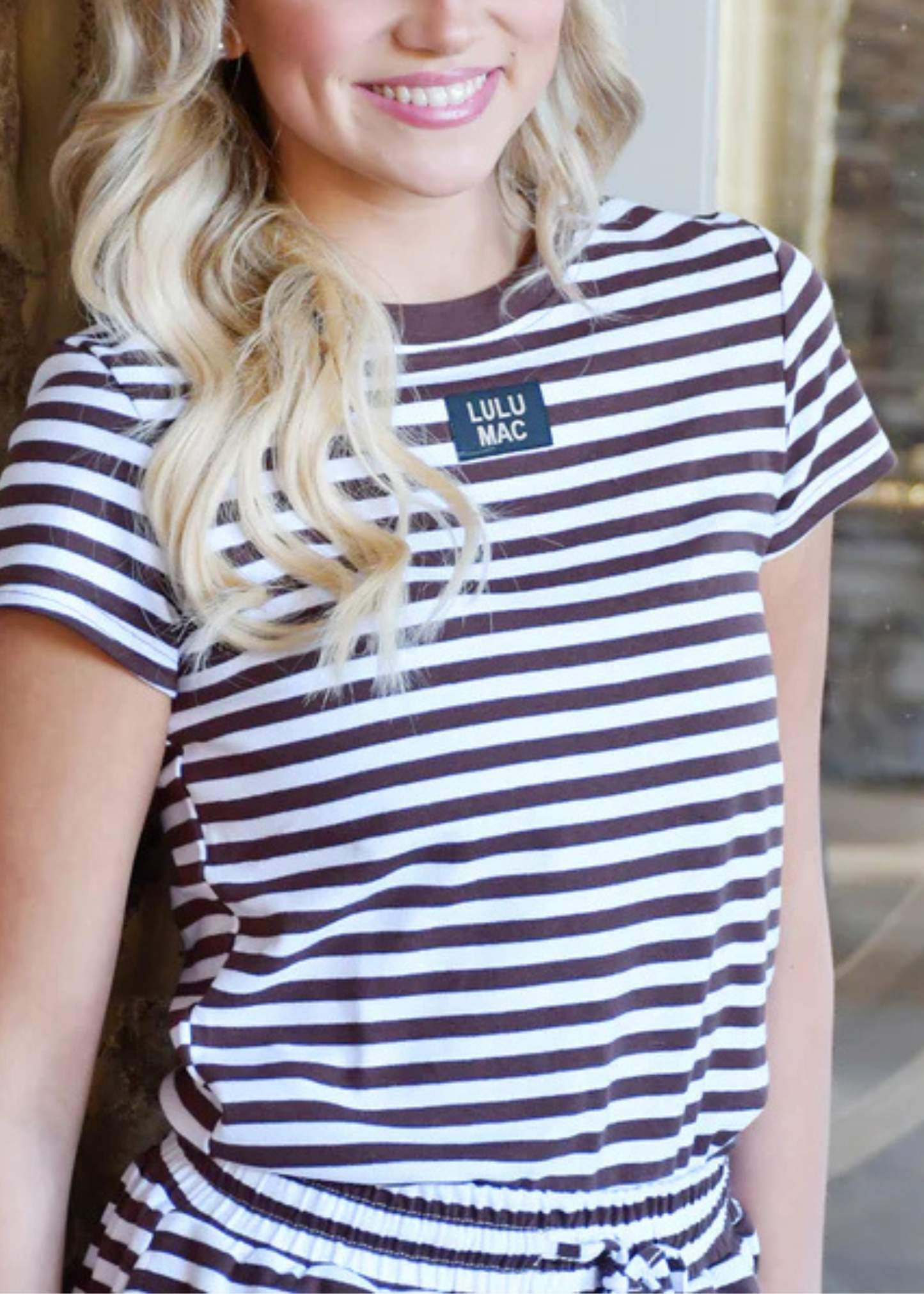 LULU MAC LM-STRIPE BABY DOLL TOP SS-BROWN