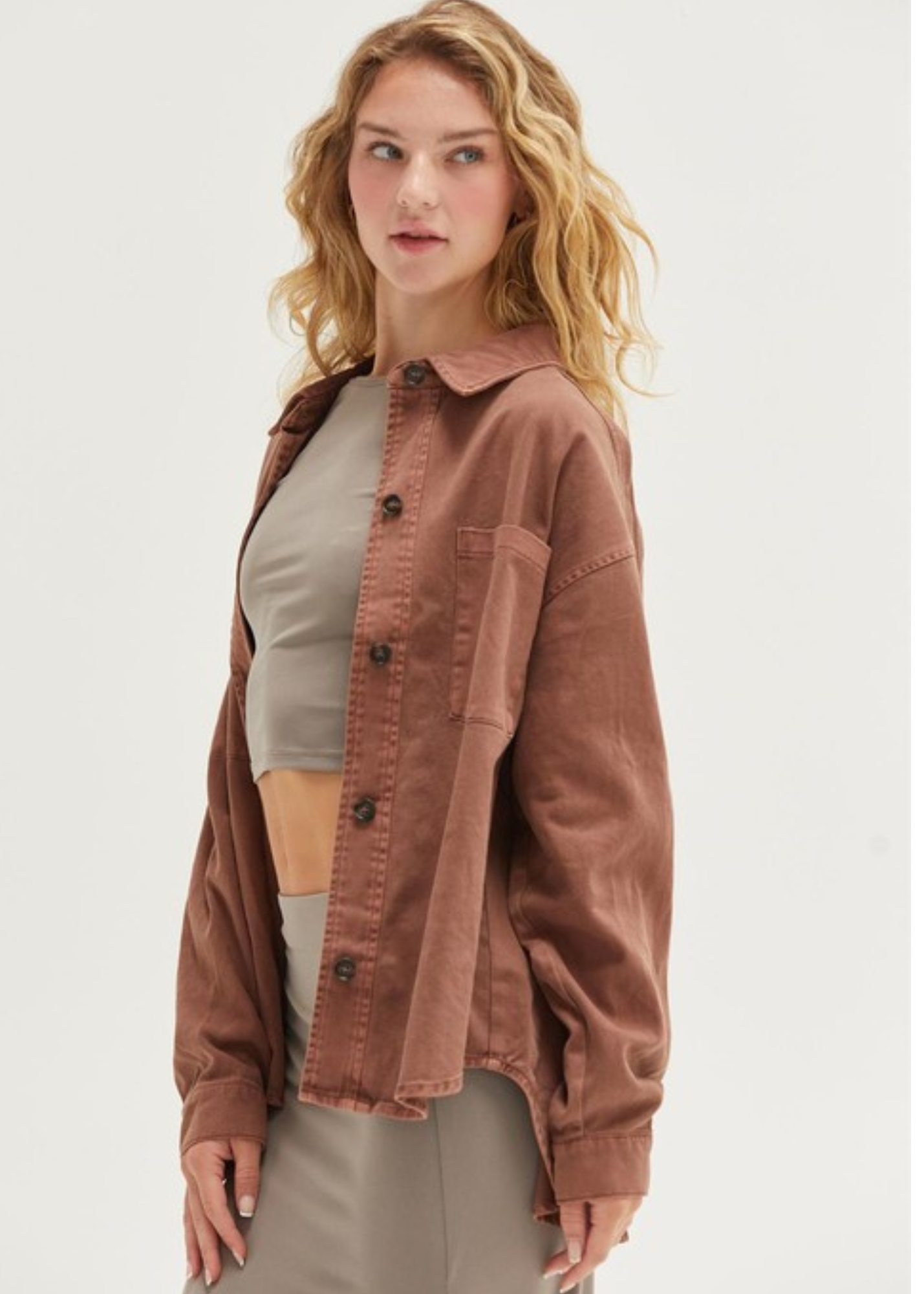 KELLI BUTTON-UP SHACKET- CHESTNUT