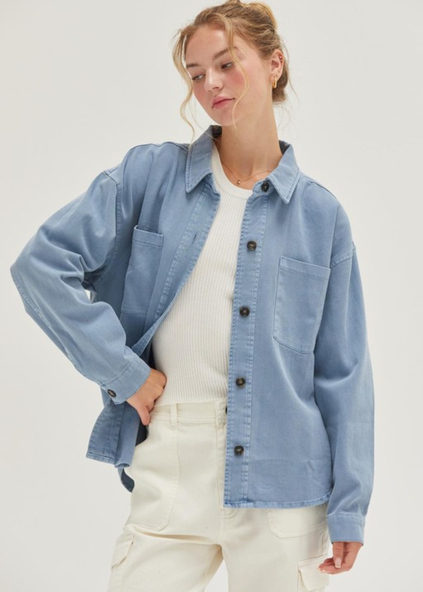 KELLI BUTTON-UP SHACKET- GRAY BLUE