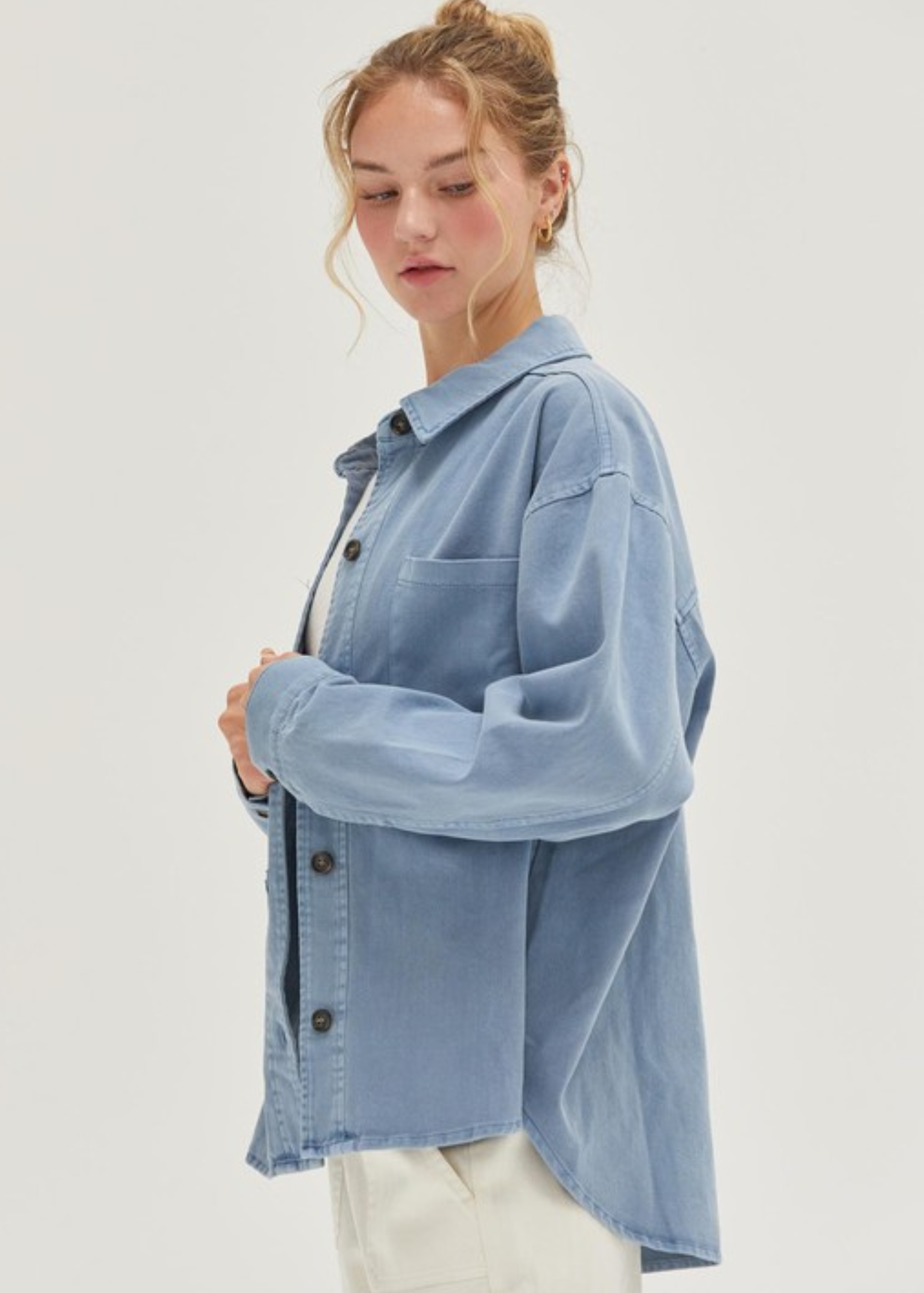 KELLI BUTTON-UP SHACKET- GRAY BLUE