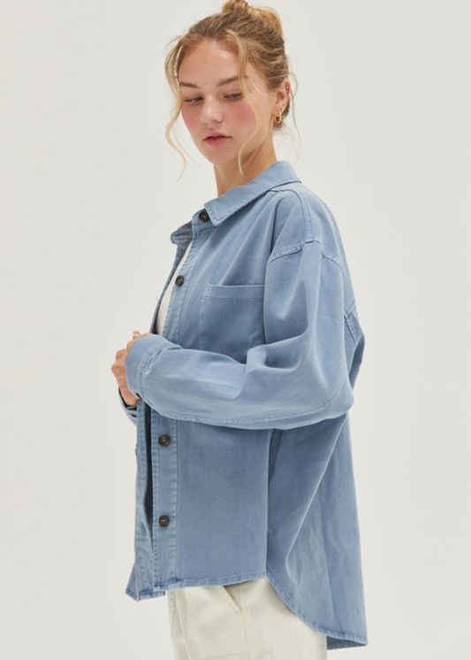 KELLI BUTTON-UP SHACKET- GRAY BLUE