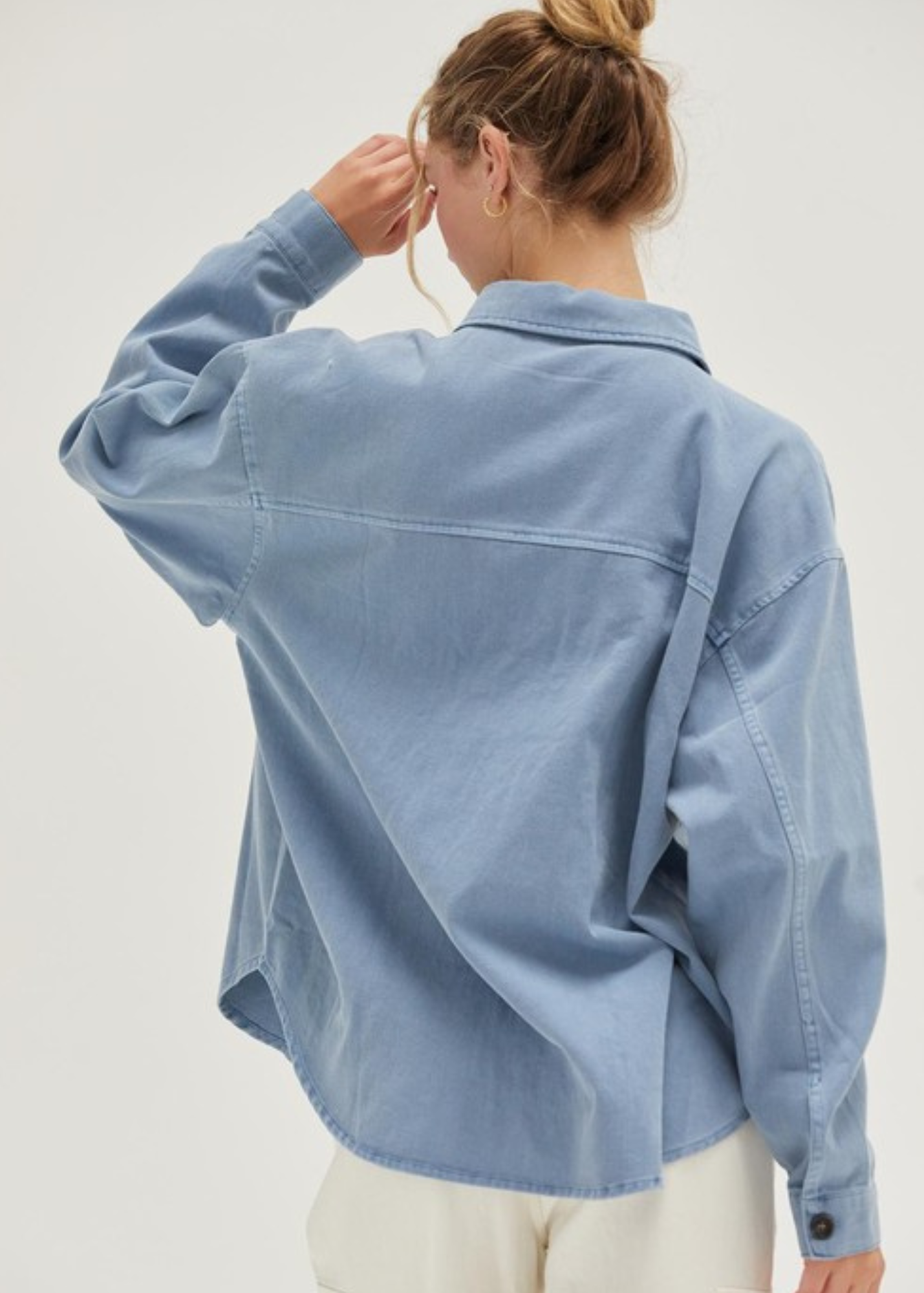 KELLI BUTTON-UP SHACKET- GRAY BLUE