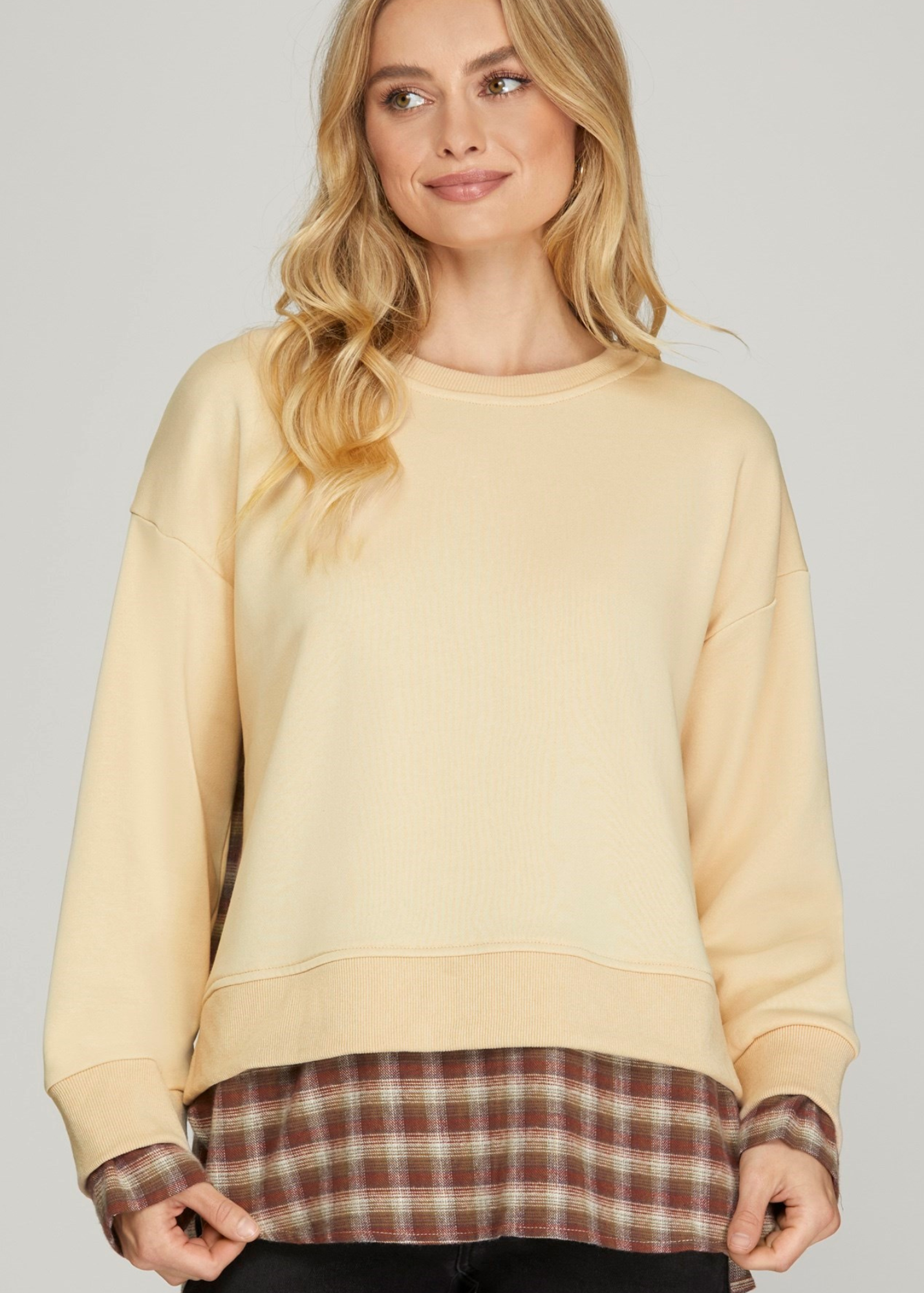 WYNN LS KNIT SWEATER W/ PLAID TOP-LT. TAUPE