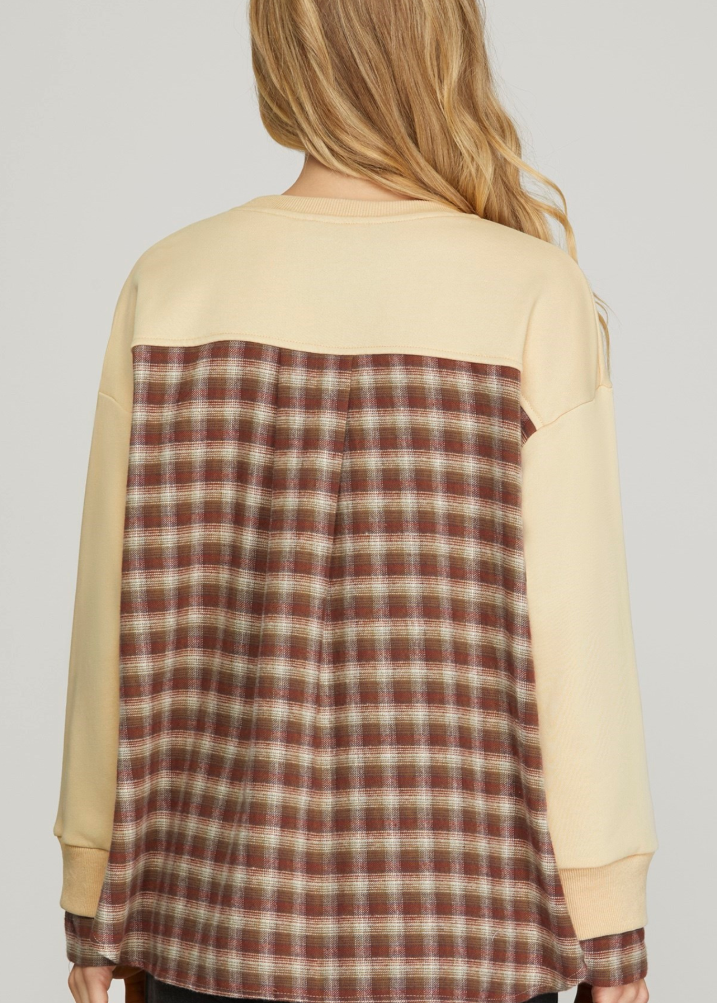 WYNN LS KNIT SWEATER W/ PLAID TOP-LT. TAUPE