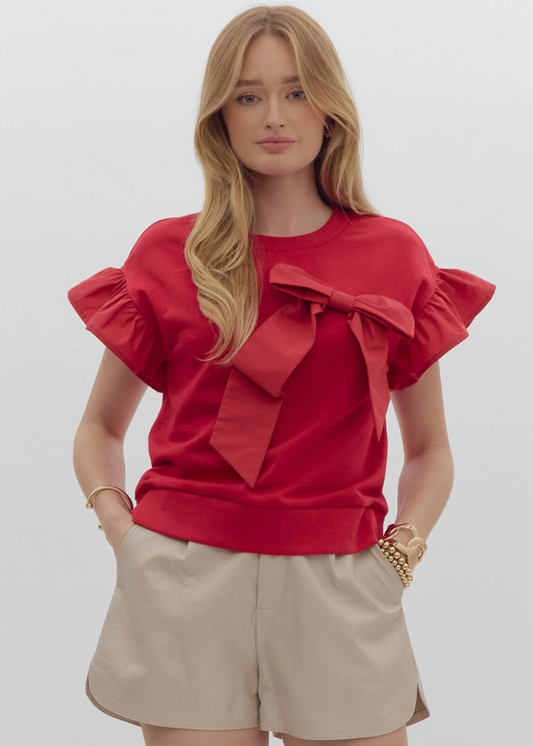 LEXI RUFFLE BOW TOP - RED