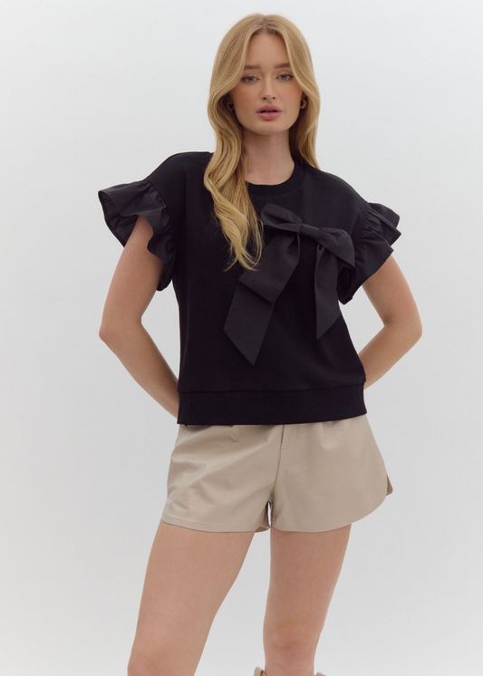 LEXI RUFFLE BOW TOP - BLACK