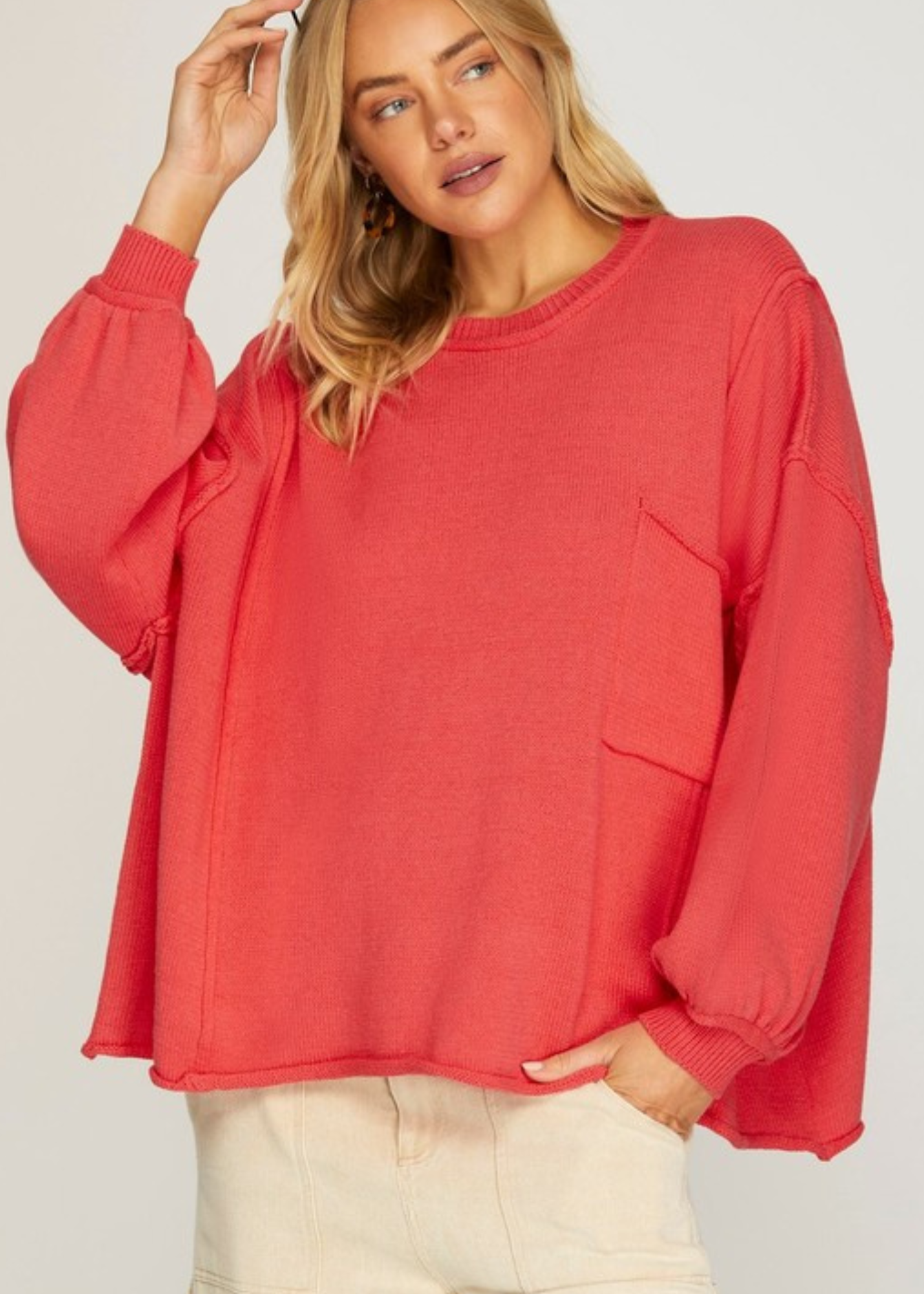 FAITH OVER SIZE SWEATER-RED CORAL