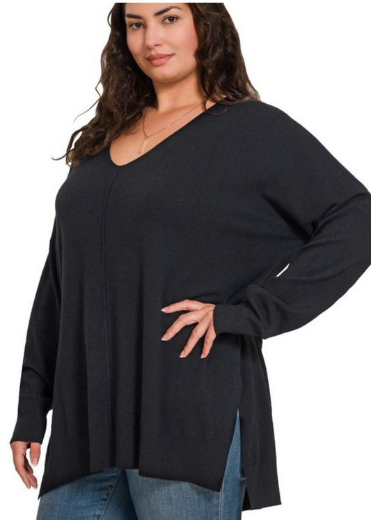 GRACIE-ANN V NECK SWEATER: BLACK