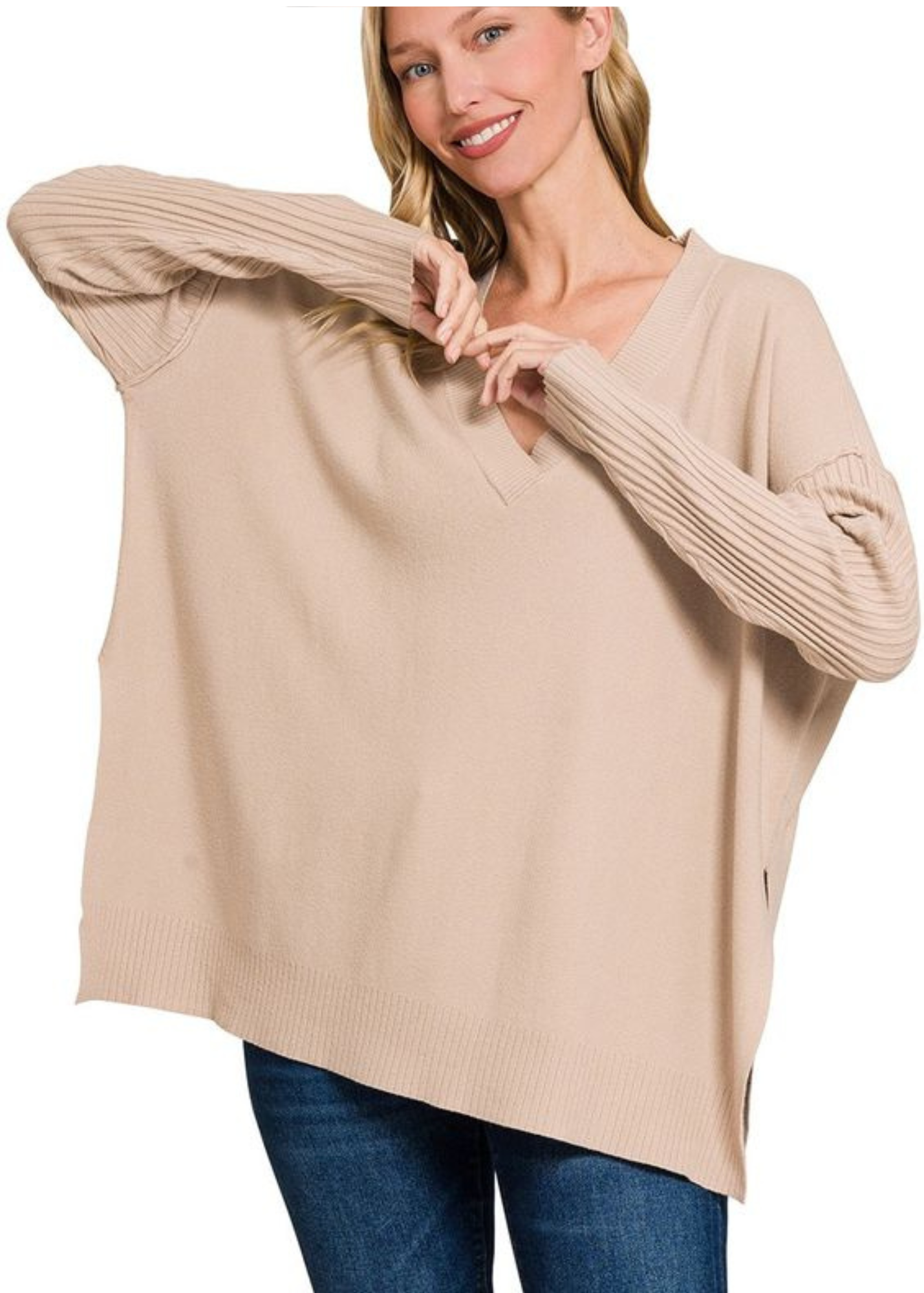 SAMANTHA V-NECK SWEATER: LIGHT MOCHA