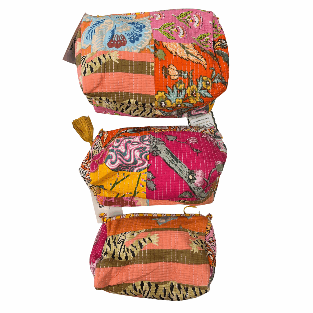 MAKEUP BAG - PINK ORANGE AND YELLOW PATCH WORK