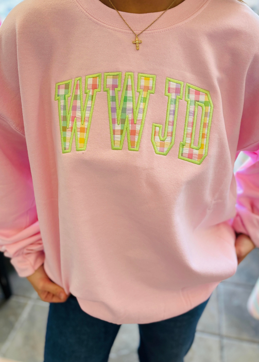 WWJD GINGHAM SWEATSHIRT-LIGHT PINK