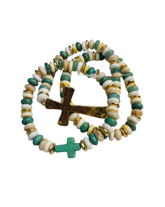 GREEN WHITE AND BROWN DISK BRACELET